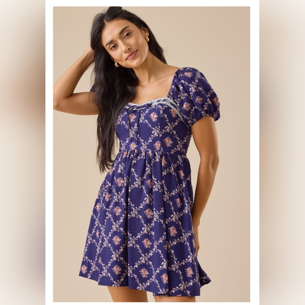 Altar'd State Dress NWT Size M Mini Lined Blue Purple Floral Puff Sleeves Flare